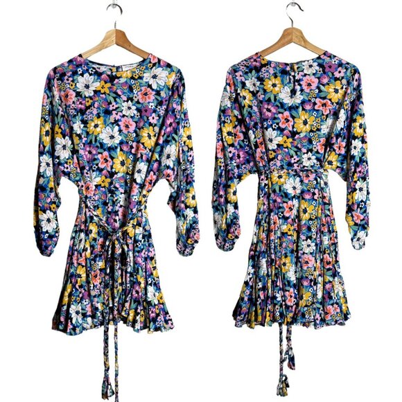 Storia Balloon Sleeve Floral Mini Swing Dress Women's Small Multicolor Belted - Picture 1 of 13